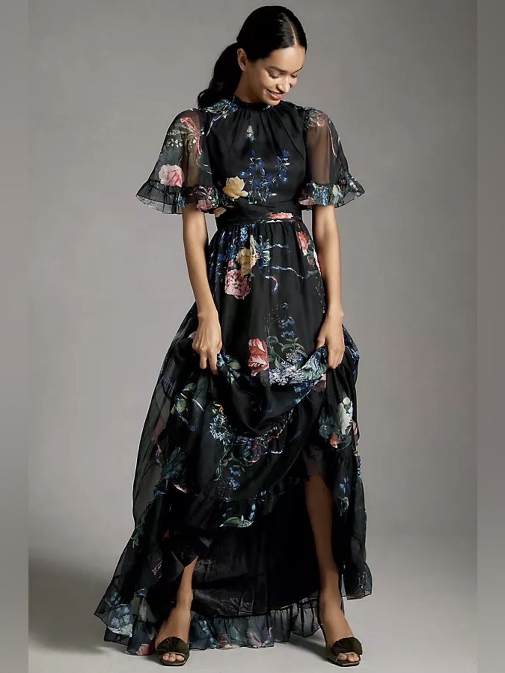 MAC DUGGAL Size 8 Black Floral Print Ruffled High Neck Flutter Sleeve Maxi Gown